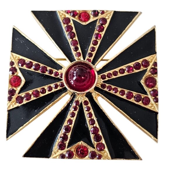 Maltese Cross Brooch Black Enamel, Red Rhinestone Pin Pendant - Picture 2 of 10